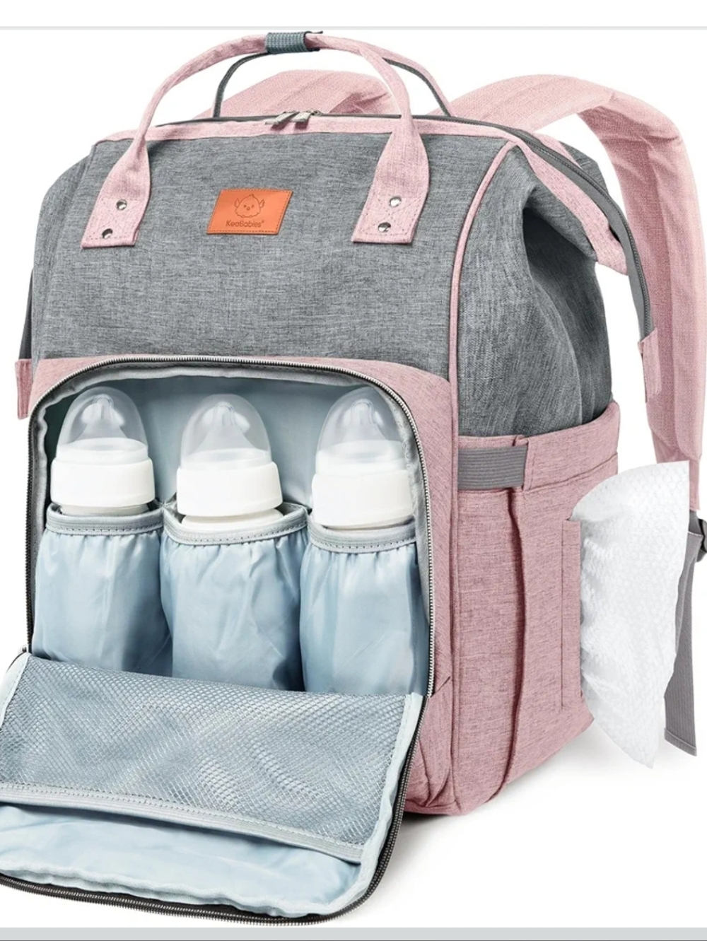 NWT Grey and Pink Diaper Backpack with Bottle Pockets